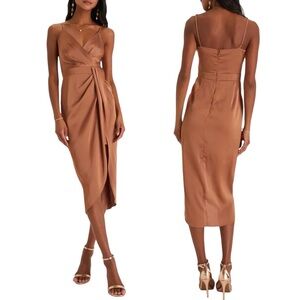 NWOT Lulus Brown Bronze Satin Sleeveless Surplice Neckline Tulip Midi Dress